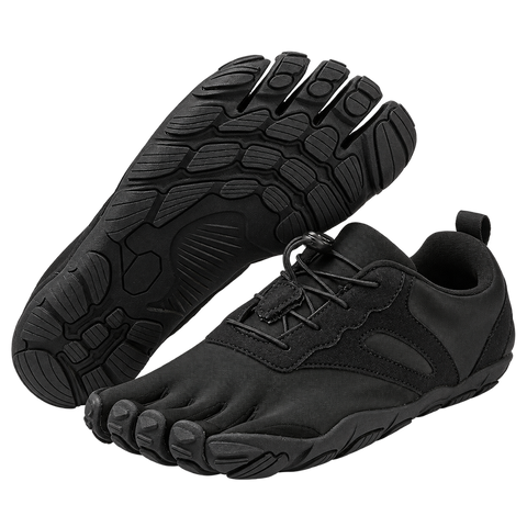 Black five-toe shoes, upper and outsole views