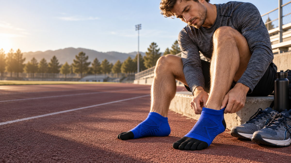 Runner preparing at a track in blue 5toe Sport Ankle toe socks