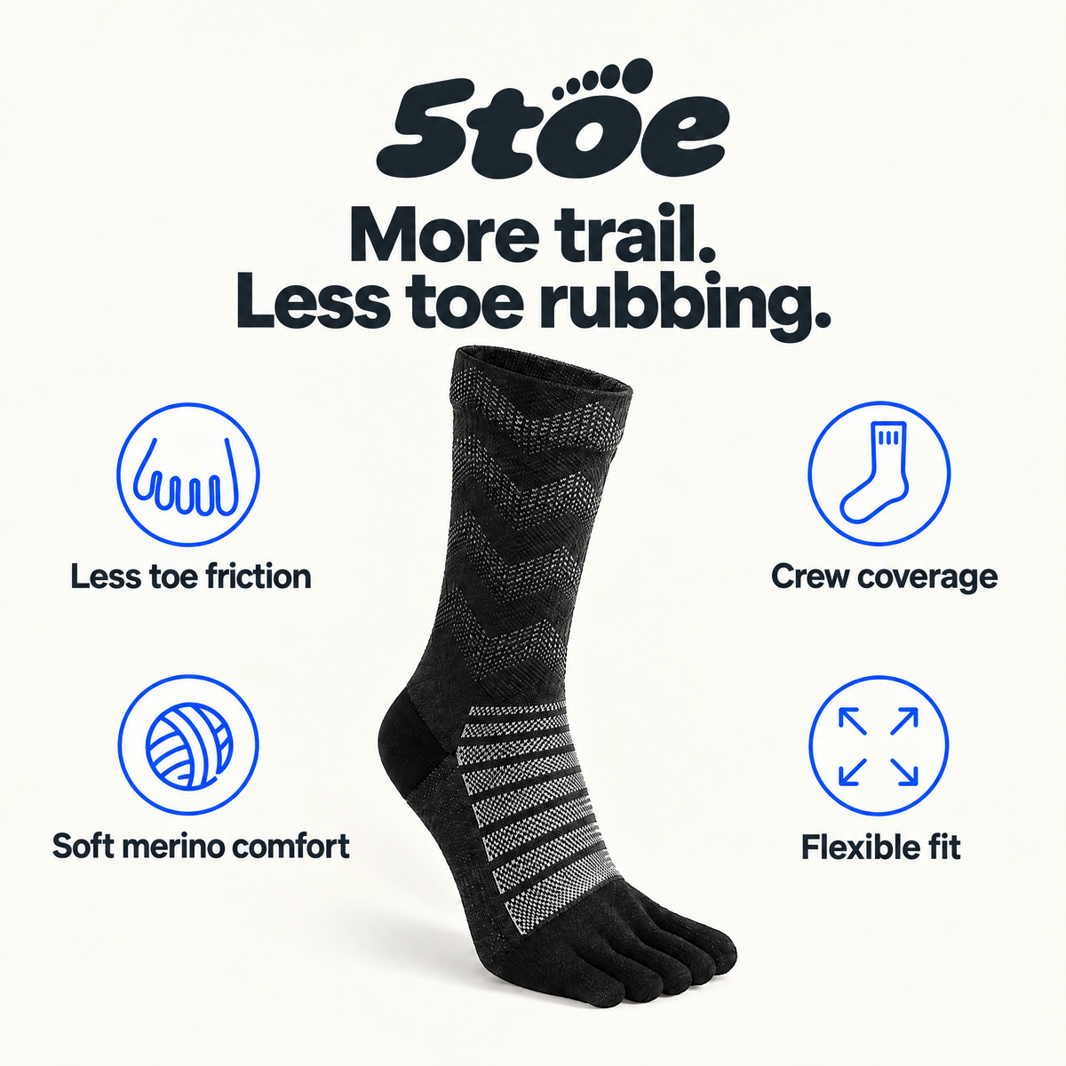 5toe Merino Trail Crew Toe Socks — benefits