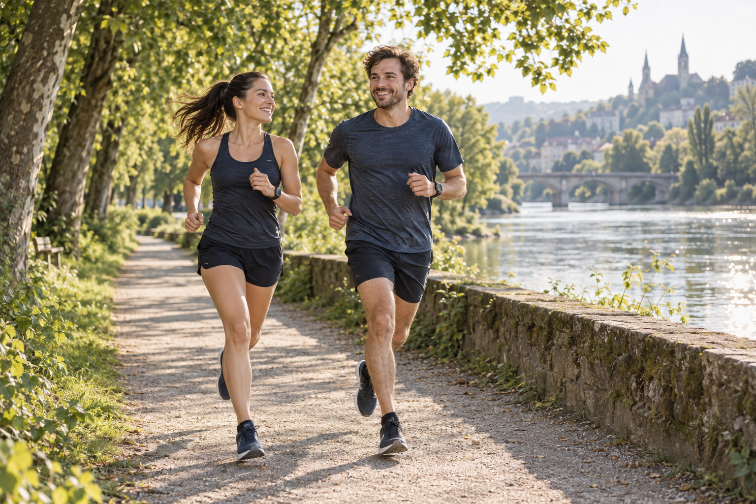 Two smiling runners enjoying a morning run together