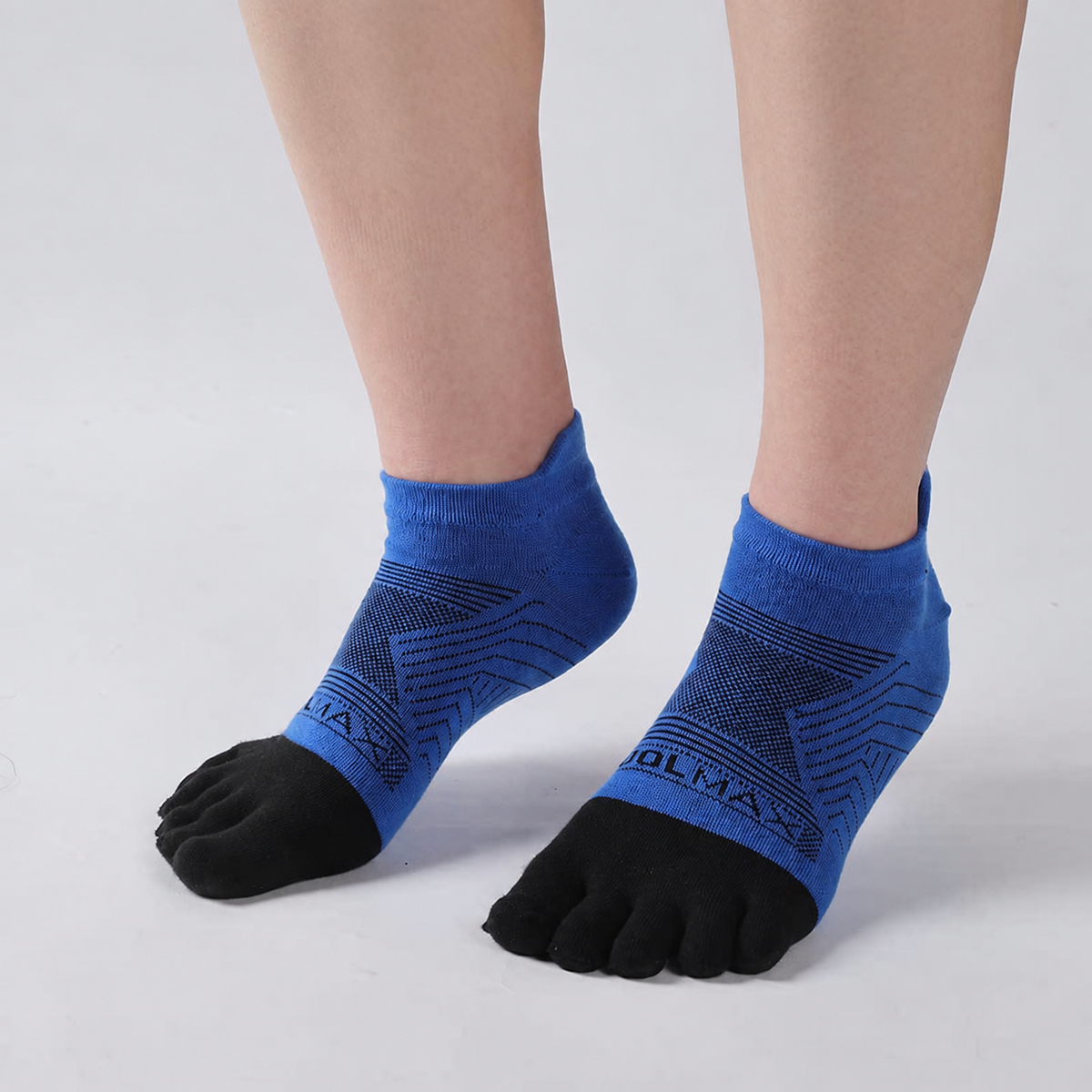 Blue Sport Ankle toe socks shown on a left and right foot