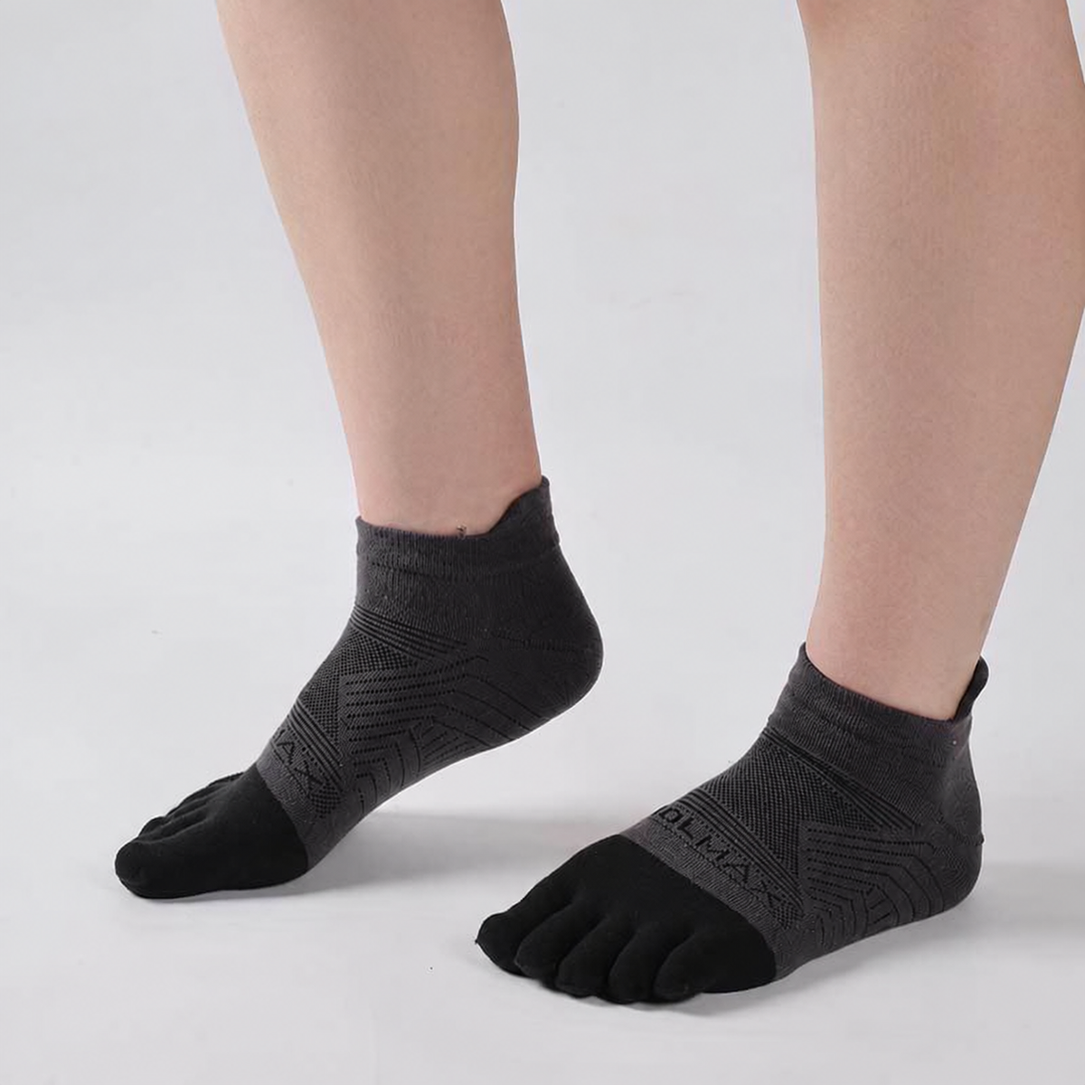 Dark Gray Sport Ankle toe socks shown on a left and right foot