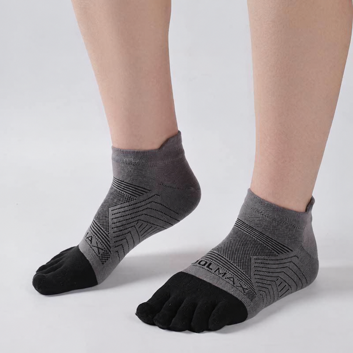 Gray Sport Ankle toe socks shown on a left and right foot