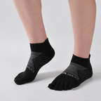 Black Sport Ankle toe socks shown on a left and right foot