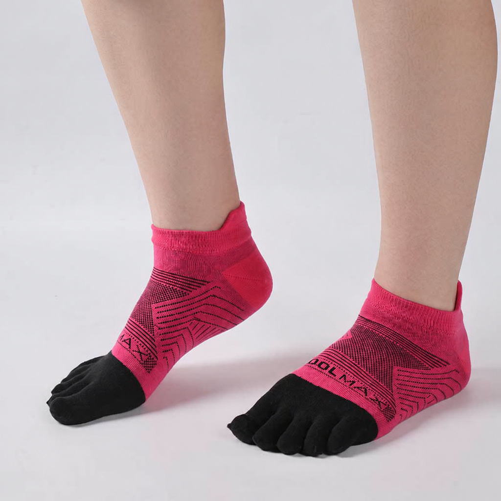 Rose Red Sport Ankle toe socks shown on a left and right foot