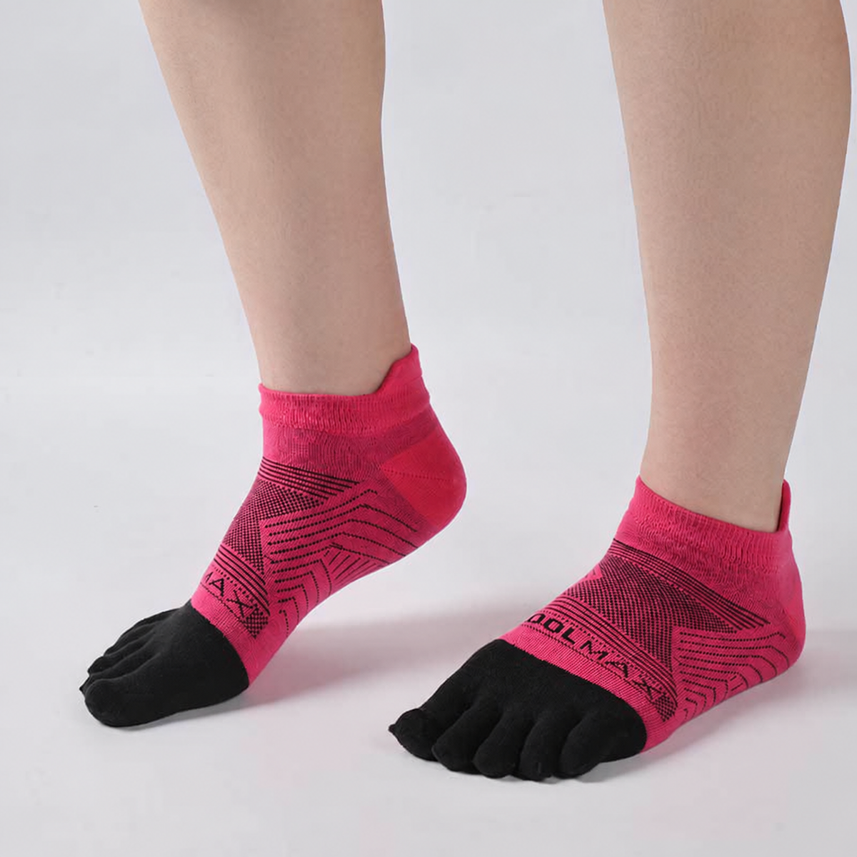 Rose Red Sport Ankle toe socks shown on a left and right foot