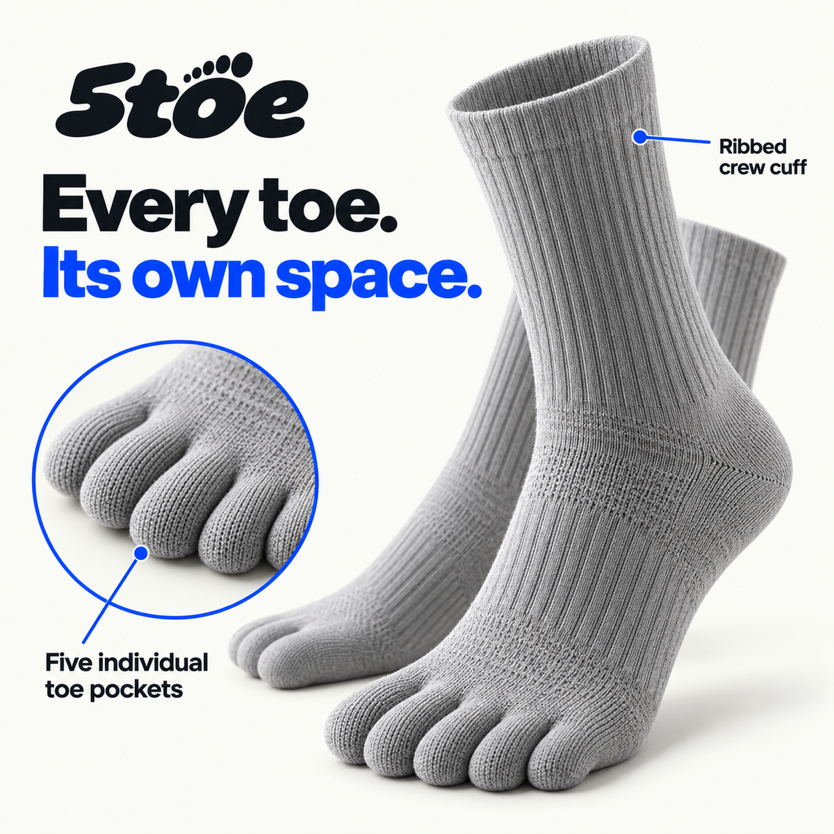 5toe sport crew toe socks — construction