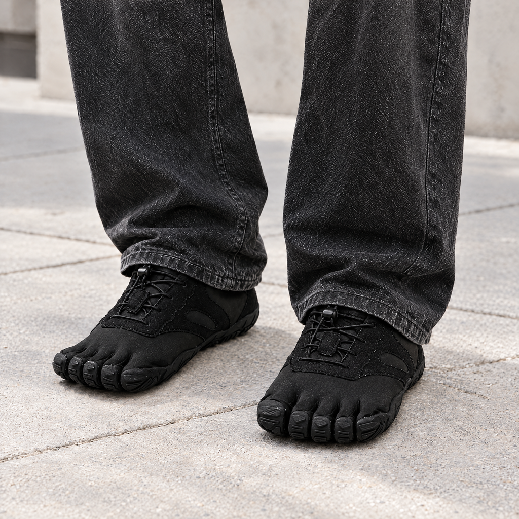 All Black five-toe shoes worn as a left and right pair with relaxed charcoal denim